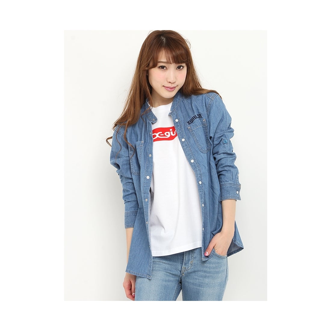 X-girl LIGHTWEIGHTDENIMBANDCOLLARSHIRT／デニムシャツ Light INDIGO