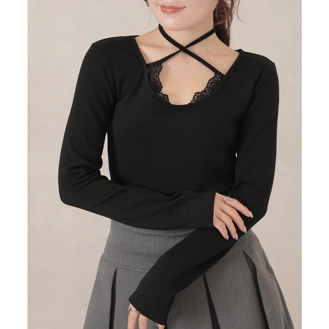 レースレディース Lace Ladies ホルターネック レース 裏起毛 長袖