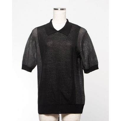 透かし編みデザインポロシャツ （ブラック）
