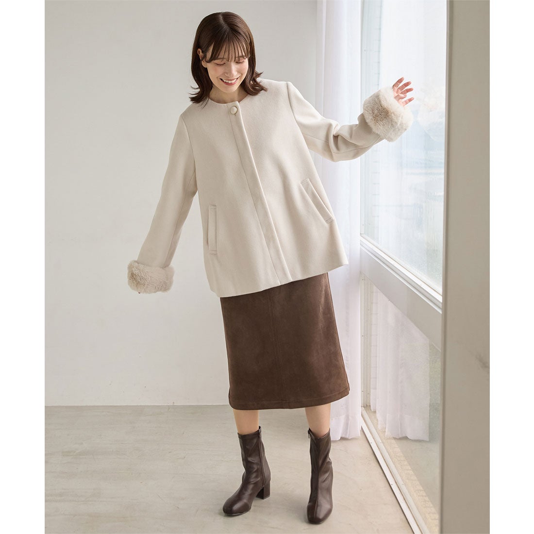 ハニーズ Honeys ファー付ノーカラーコート アウター コート ノー