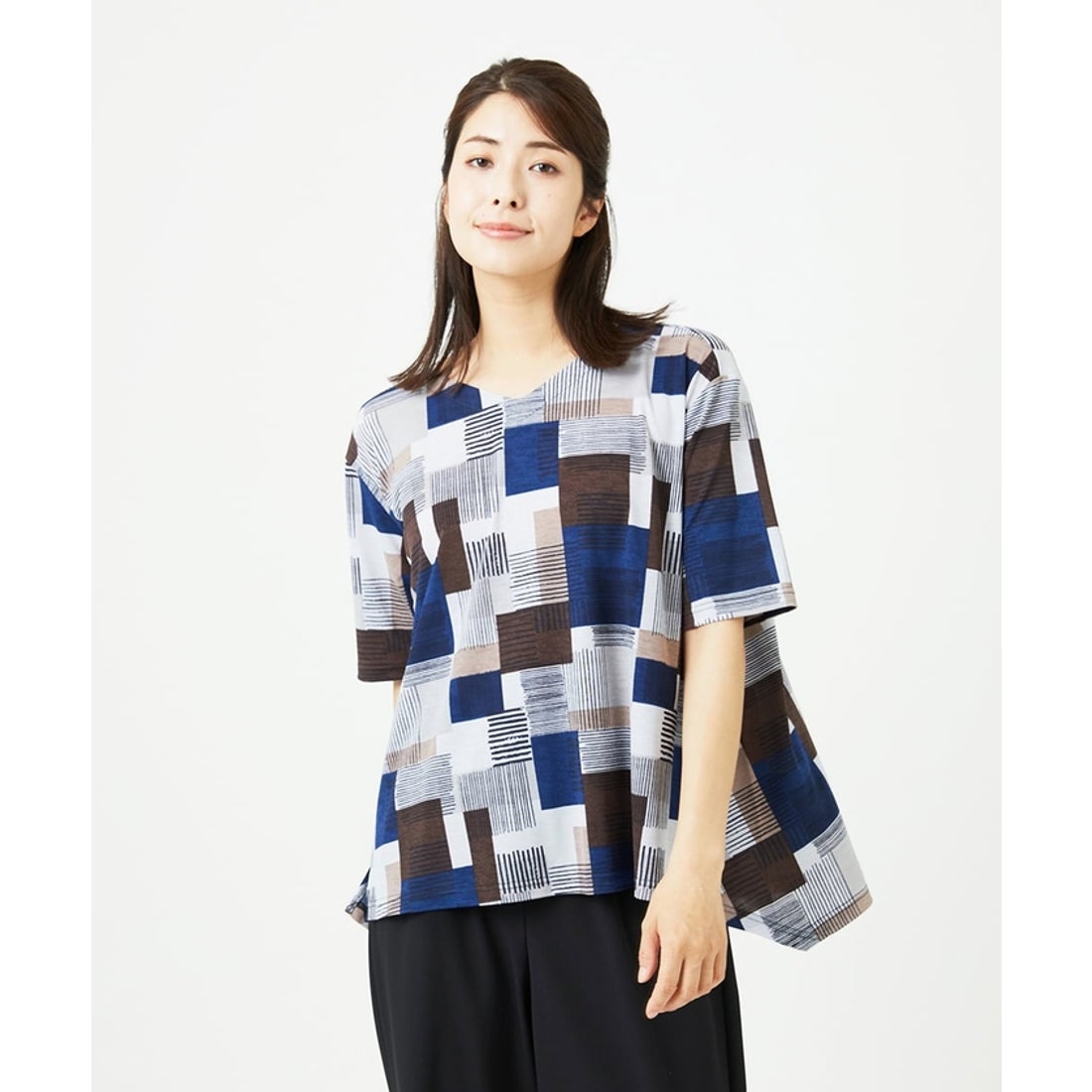 ジャンニ ロ ジュディチェ GIANNI LO GIUDICE [接触冷感・洗える]ルービックブロックプリント五分袖カットソー （ネイビー ...