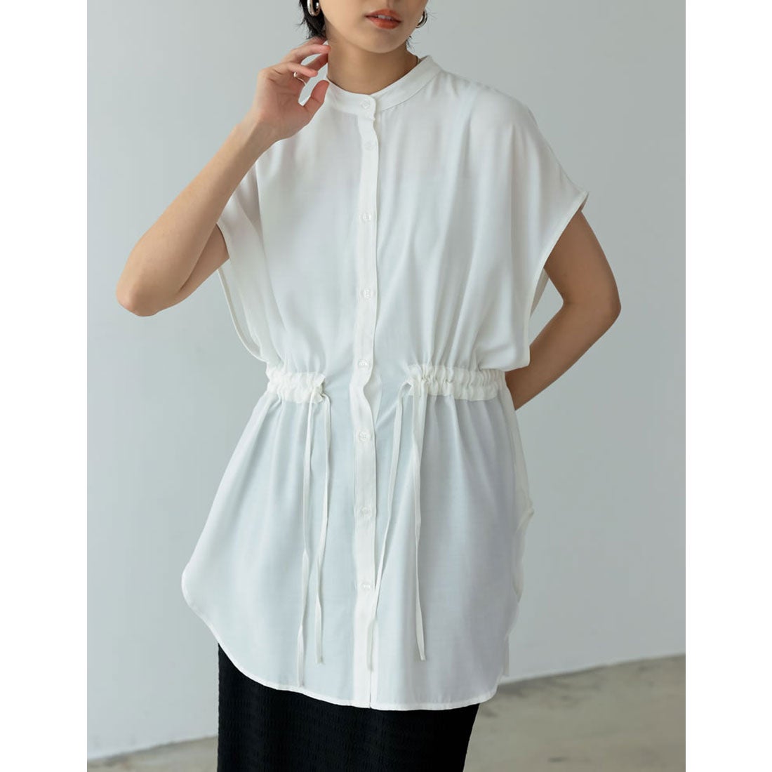 リエディ Re:EDIT シルキークロスウエストドロストフレンチスリーブシャツ （ホワイト） -ファッション通販 FASHION WALKER