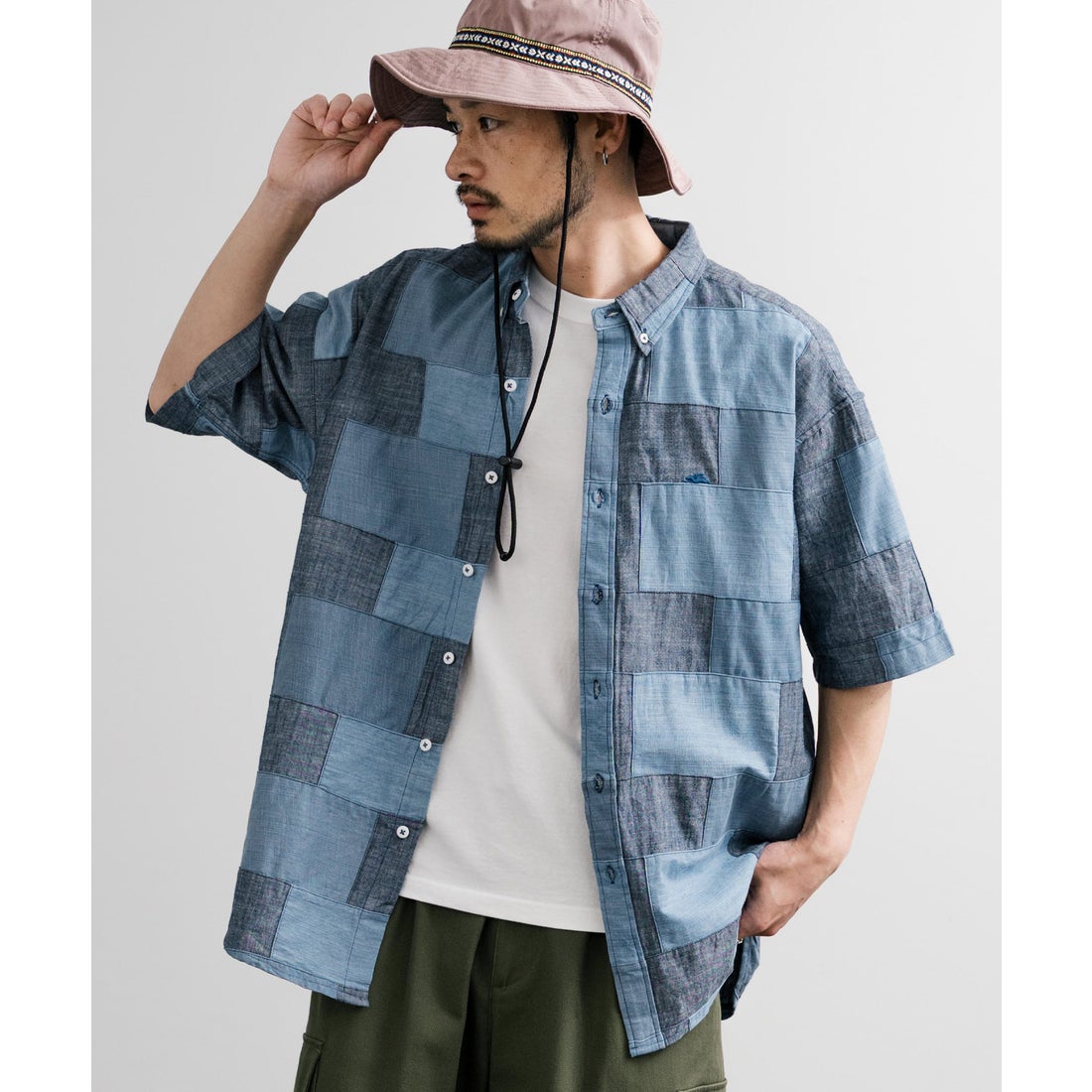 ロッキーモンロー Rocky Monroe デニムシャツ 半袖 ボタンダウン メンズ レディース パッチワーク 切替 刺繍 オーバーサイズ ...