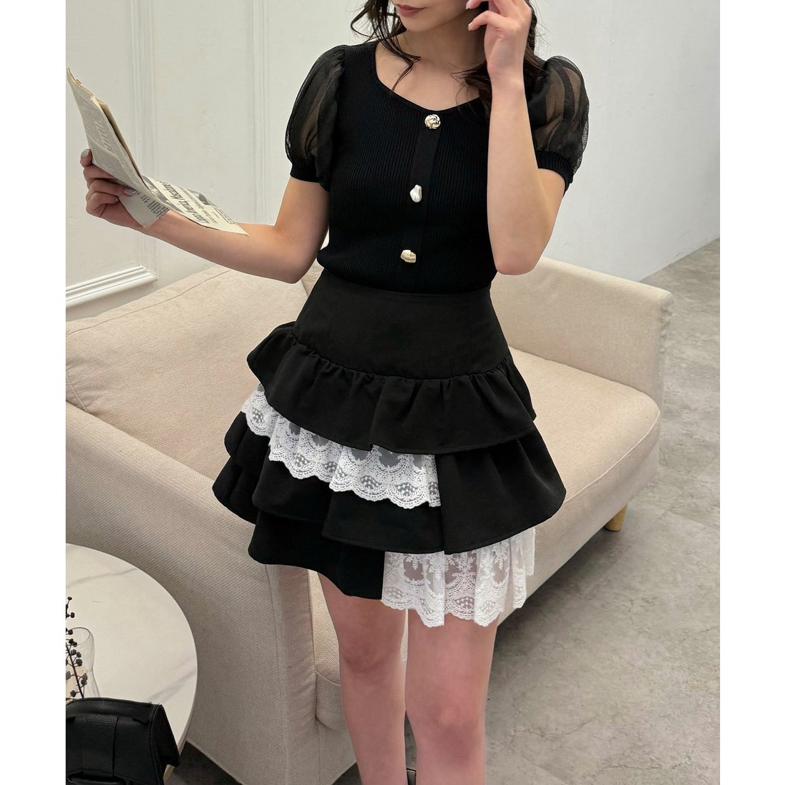 ロイヤルパーティー ROYAL PARTY シアースリーブマルチボタンニットトップス （ブラック） -ファッション通販 FASHION WALKER