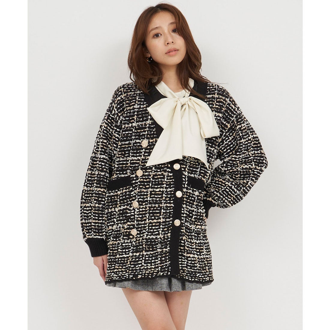 ロイヤルパーティー ROYAL PARTY ニットツイードダブル釦ミドルカーディガン （ブラック） -ファッション通販 FASHION WALKER