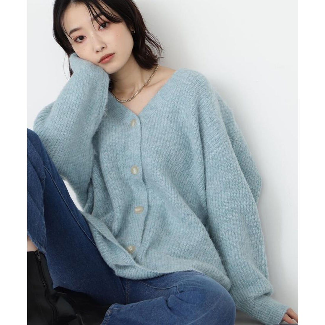 ナチュラルビューティーベーシック NATURAL BEAUTY BASIC シャギーメランジボクシーカーディガン （ミントブルー ...