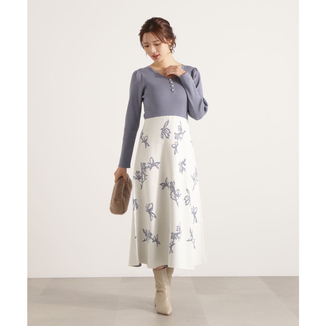 プロポーションボディドレッシング PROPORTION BODY DRESSING 花柄ジャガードニットワンピース （ブルー×エクリュ ...