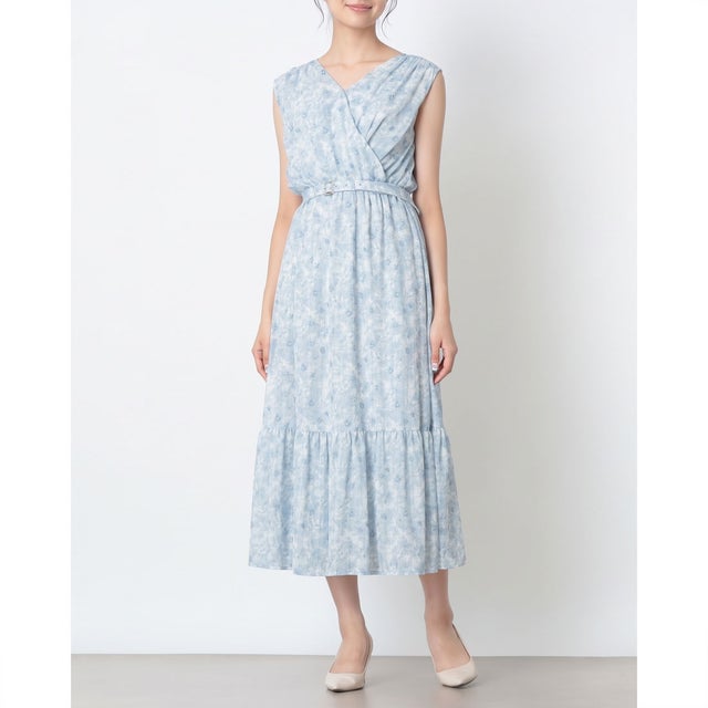 カシュクール花柄ロングワンピース （サックス）
