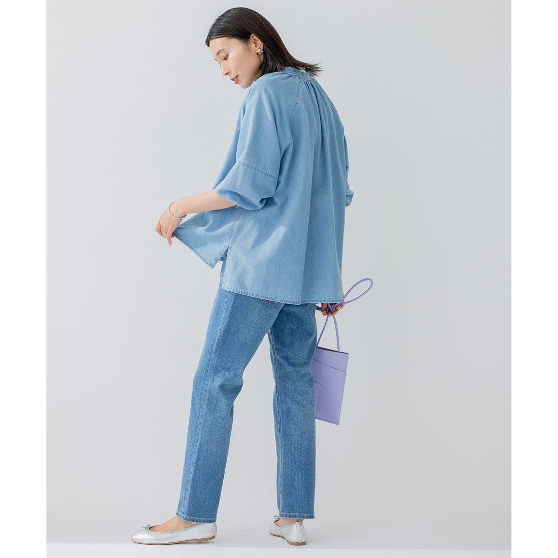 23区 23区DENIM ライトダンガリー スキッパー ブラウス （スカイブルー