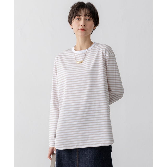 【さらに新色追加】コットンベアジャージー ロング Tシャツ （ベージュボーダー）