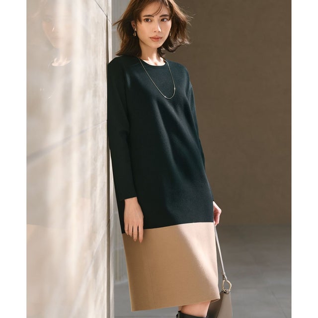【WEB&一部店舗限定カラーあり/洗える】ミラノリブ バイカラーニットワンピース （ブラック×キャメル）