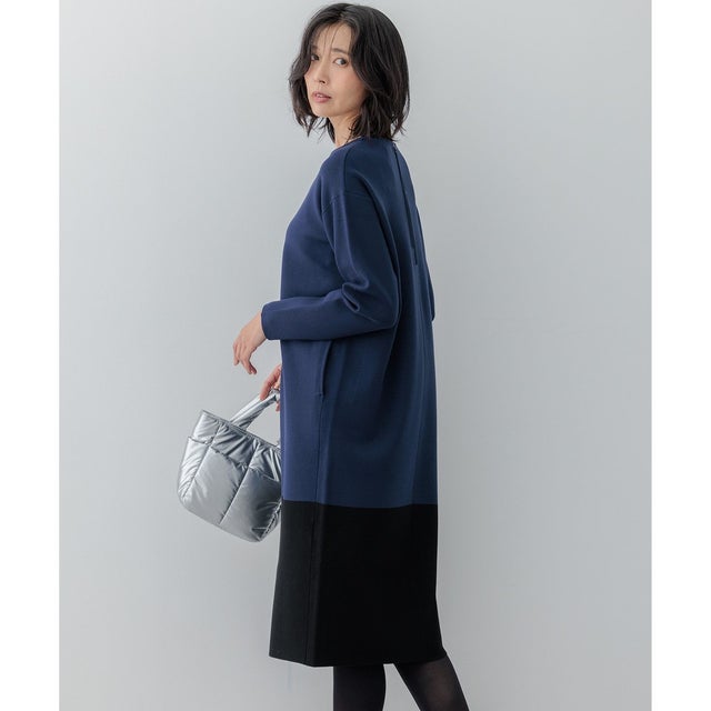 【WEB&一部店舗限定カラーあり/洗える】ミラノリブ バイカラーニットワンピース （ネイビー×ブラック）