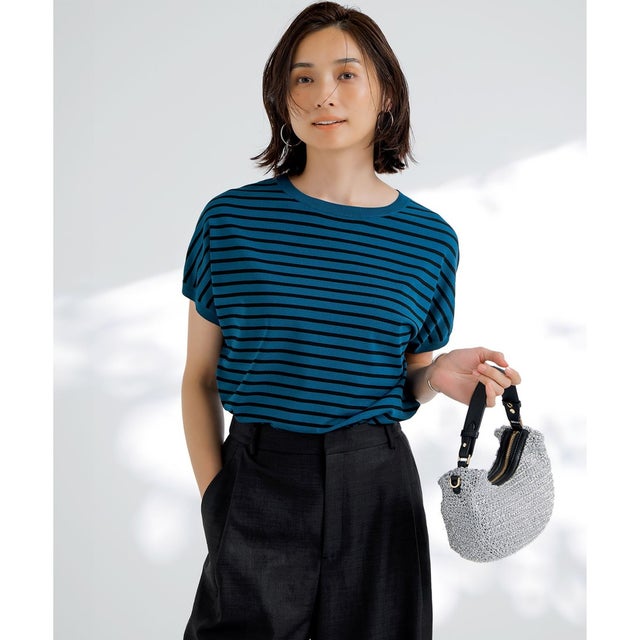 【洗える】レーヨンポリエステルストレッチ プルオーバー ニット （ダークブルー×ブラック）
