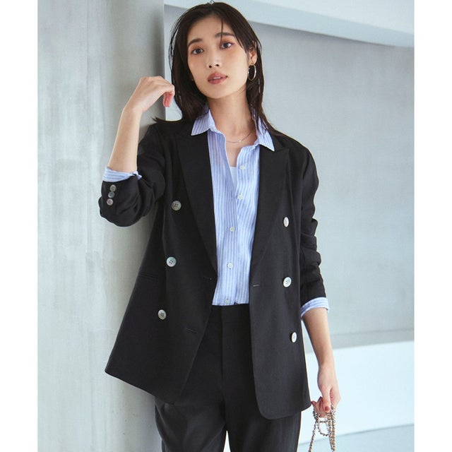 【洗える】リネンレーヨンストレッチ ダブル ジャケット （ブラック系）