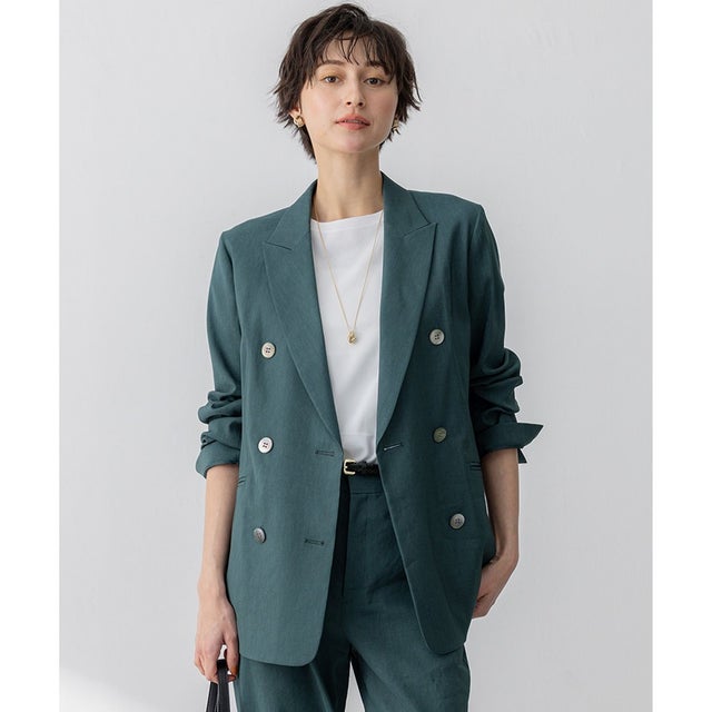【洗える】リネンレーヨンストレッチ ダブル ジャケット （ダークグリーン系）