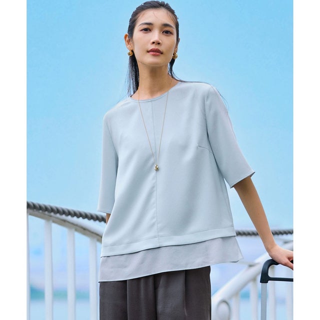 【洗える】ストレッチジョーゼット シアーコンビ カットソー （スカイブルー系）