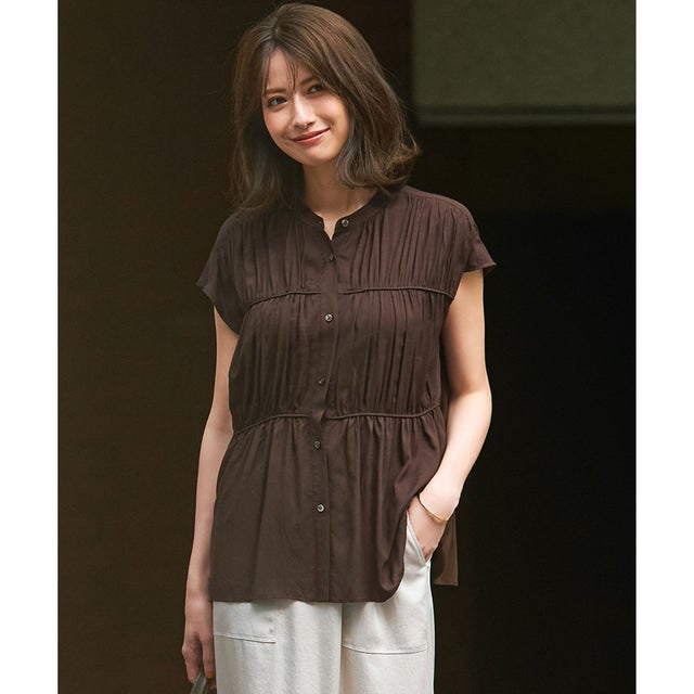 【一部先行予約/接触冷感/WEB&一部店舗限定】レーヨンスパローン ティアード ブラウス （ダークブラウン系）
