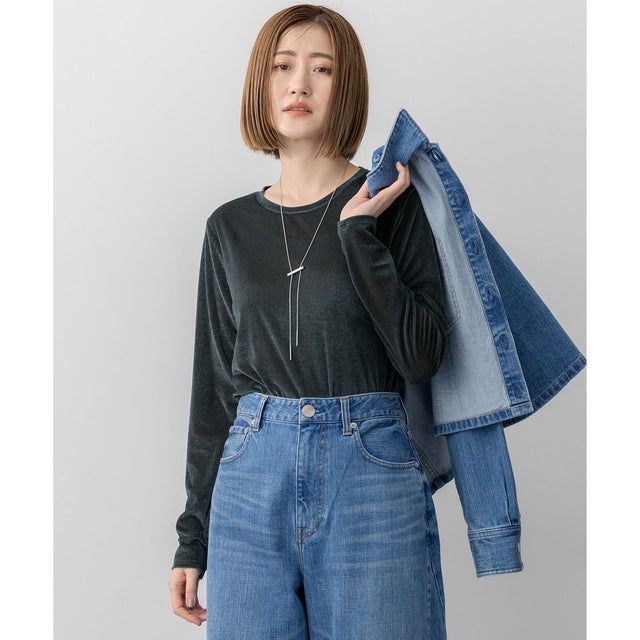 【洗える】シアーベロア ロングスリーブ Tシャツ （ダークグリーン系）