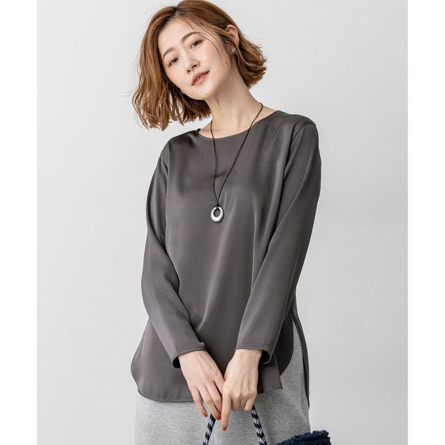 【洗える】サテン ロングスリーブ Tシャツ （グレー系）