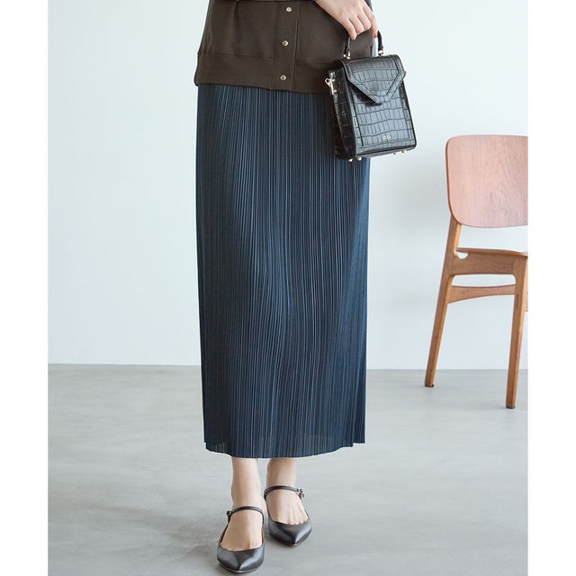 【SLOW/一部店舗限定】トリコットプリーツ Iライン スカート （ダルブルー系）