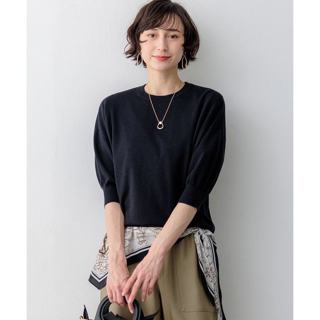 【見上愛さん着用】キュプラコットン プルオーバー ニット （ネイビー系）