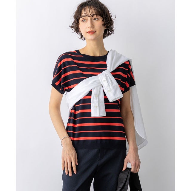 【見上愛さん着用】レーヨンポリエステルストレッチ プルオーバー ニット （ネイビー×キャロット系）