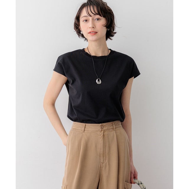 【WEB&一部店舗限定カラーあり】スビンハイツイスト フレンチスリーブ Tシャツ （ブラック系）