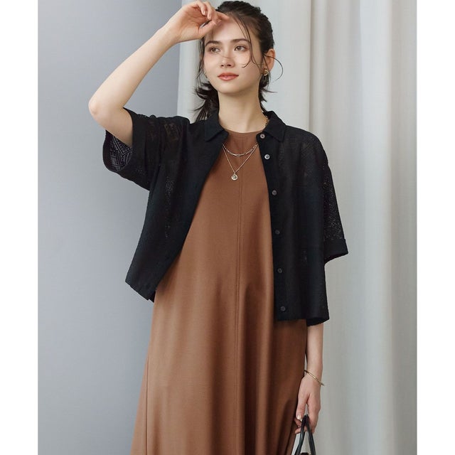 【SLOW/一部店舗限定】モチーフレース 半袖 シャツ （ブラック）