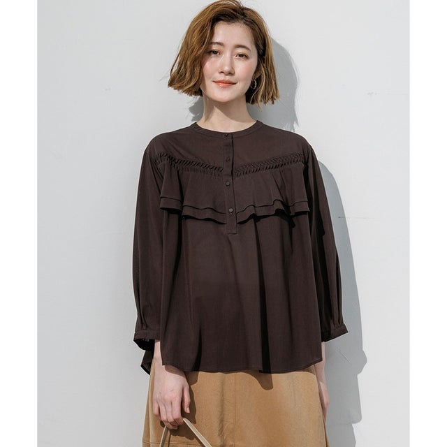 【一部予約】クリアトリコットジャージー ピンタックフリル ブラウス （ダークブラウン系）