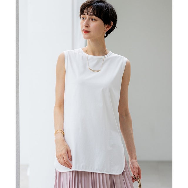 【洗える】コットンベアジャージー ノースリーブ Tシャツ （ホワイト系）