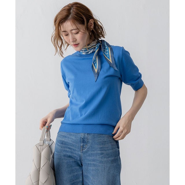 【洗える】プレミアムビオコットン 半袖 ニット （ブルー系）