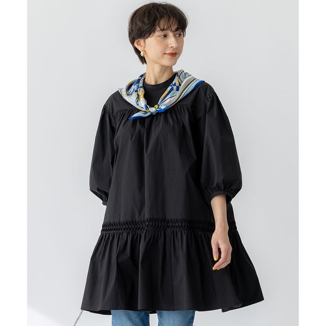 【洗える】コンパクトライトクロス ピンタック チュニックワンピース （ブラック系）