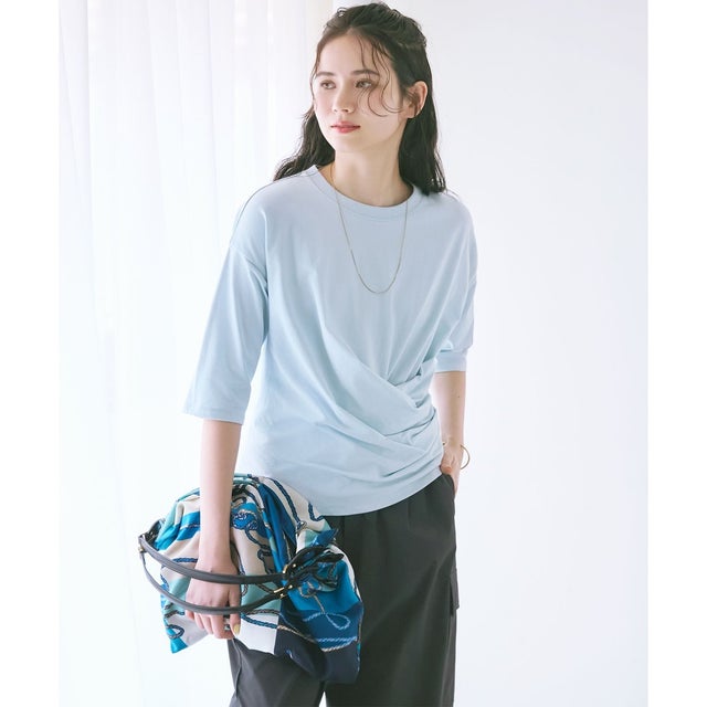 【SLOW/一部店舗限定】MVSコットン カシュクール 5分丈 Tシャツ （サックスブルー系）