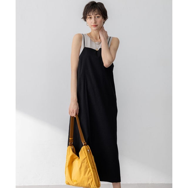 【洗える】リネンレーヨンストレッチ  Iライン キャミソール ワンピース （ブラック系）