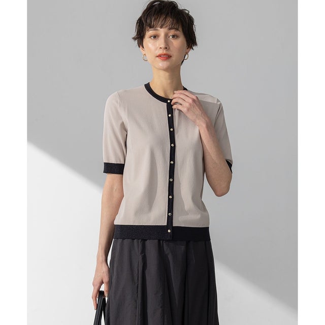 【WEB&一部店舗限定/洗える】レーヨンポリエステルストレッチ 半袖 カーディガン （ージュ×ブラックラメ）