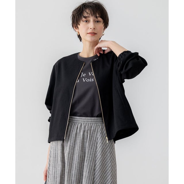 【洗える】リネンレーヨンストレッチ ブルゾン （ブラック系）