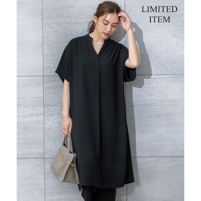 【Lサイズ限定/吸水速乾/UVカット/接触冷感/洗える】ストレッチジョーゼット 半袖ワンピース （ブラック系）