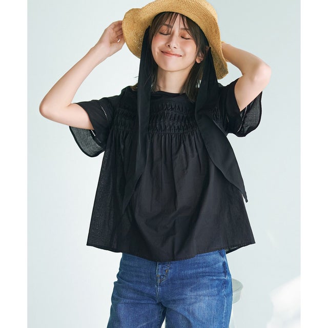 【WEB&一部店舗限定】コットンローン ピンタック フレア ブラウス （ブラック系）