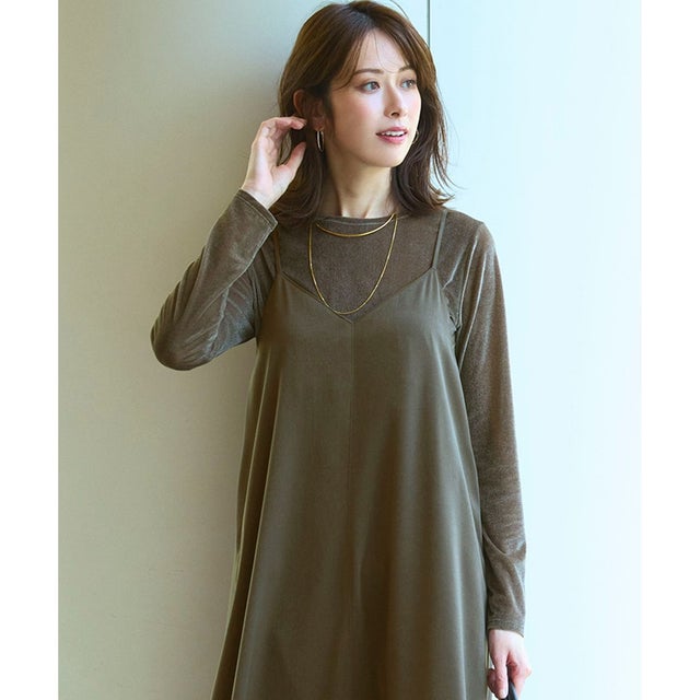 【洗える】シアーベロア ロングスリーブ Tシャツ （カーキ系）