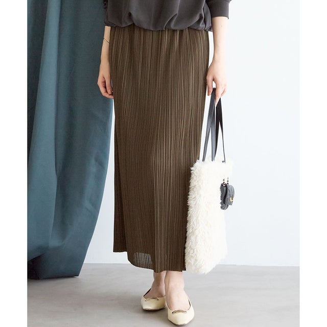 【SLOW/一部店舗限定】トリコットプリーツ Iライン スカート （カーキ系）