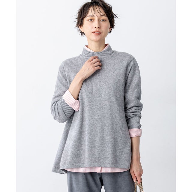 【洗える】ピュアカシミヤ フレア ニット （ライトグレー系）