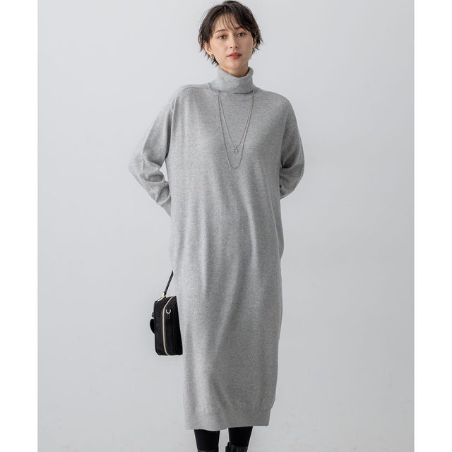 【洗える】カシミヤブレンド タートルネック ニットワンピース （ライトグレー系）