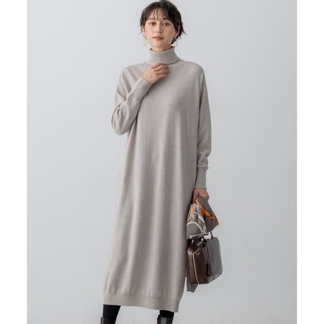 【洗える】カシミヤブレンド タートルネック ニットワンピース （ベージュ系）