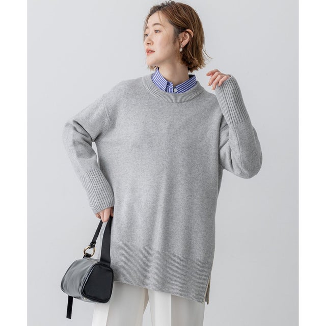 【洗える】カシミヤブレンド サイドジップ  ニットチュニック （ライトグレー系）