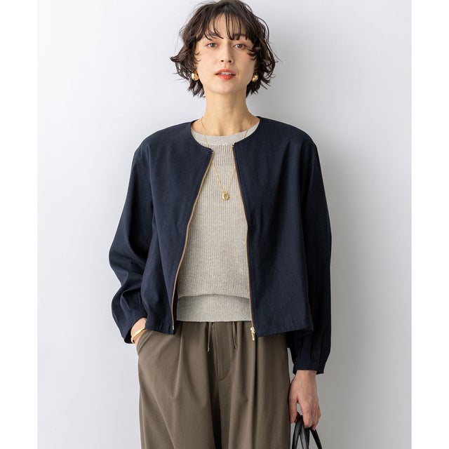 リネンレーヨンストレッチ ノーカラー ブルゾン （ネイビー系）