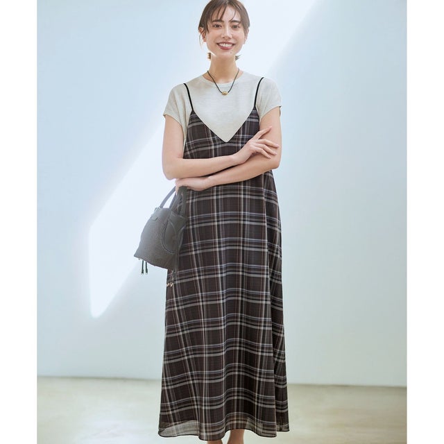 【見上愛さん着用】ハイツイストシアーチェック キャミソールワンピース （ブラウンチェック）