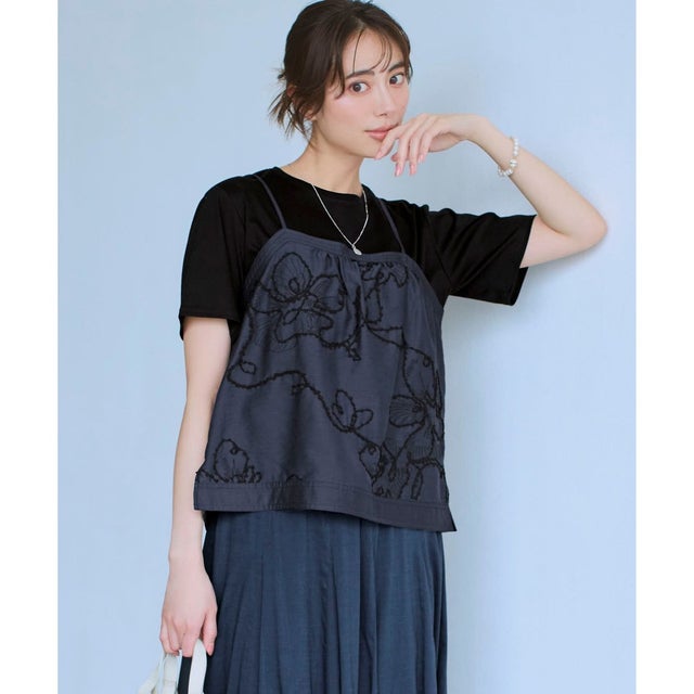 シアーエンブロイダリー キャミソール コンビ Tシャツ （ブラック系）