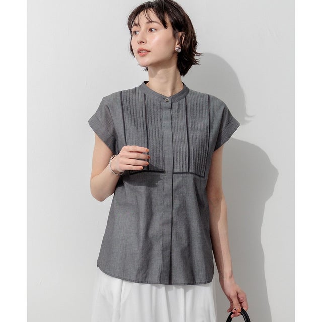 デニムローン ピンタック フレンチスリーブ ブラウス （グレー系）