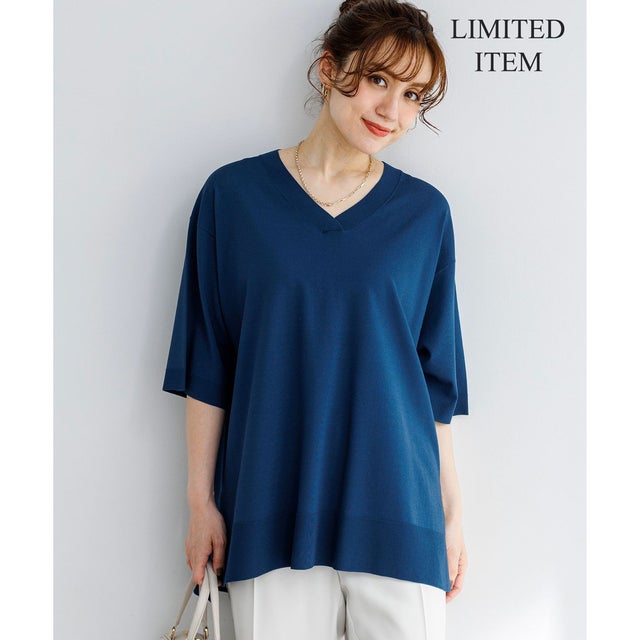 【一部予約/WEB&一部店舗限定カラーあり/Lサイズ限定】レーヨンポリエステルストレッチ Vネック ニット （ダルブルー系）