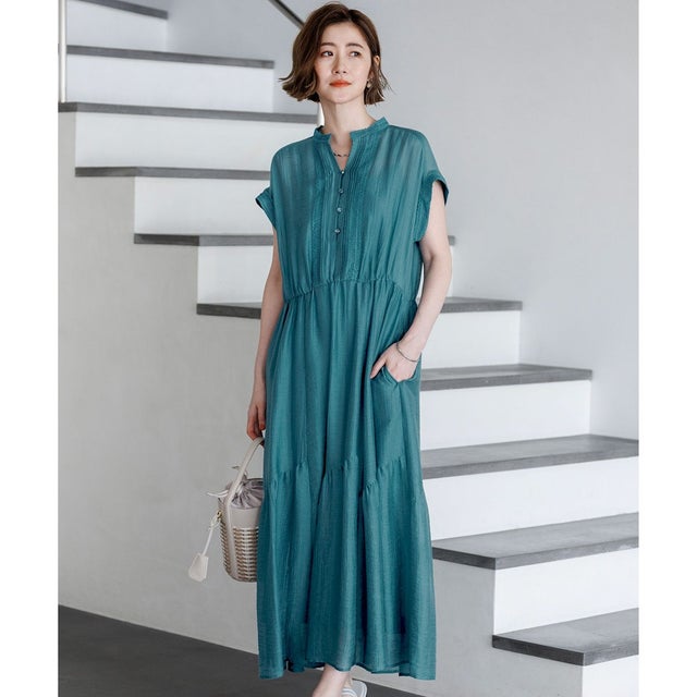 【WEB&一部店舗限定】シアーワッシャー レース ワンピース （ターコイズ系）
